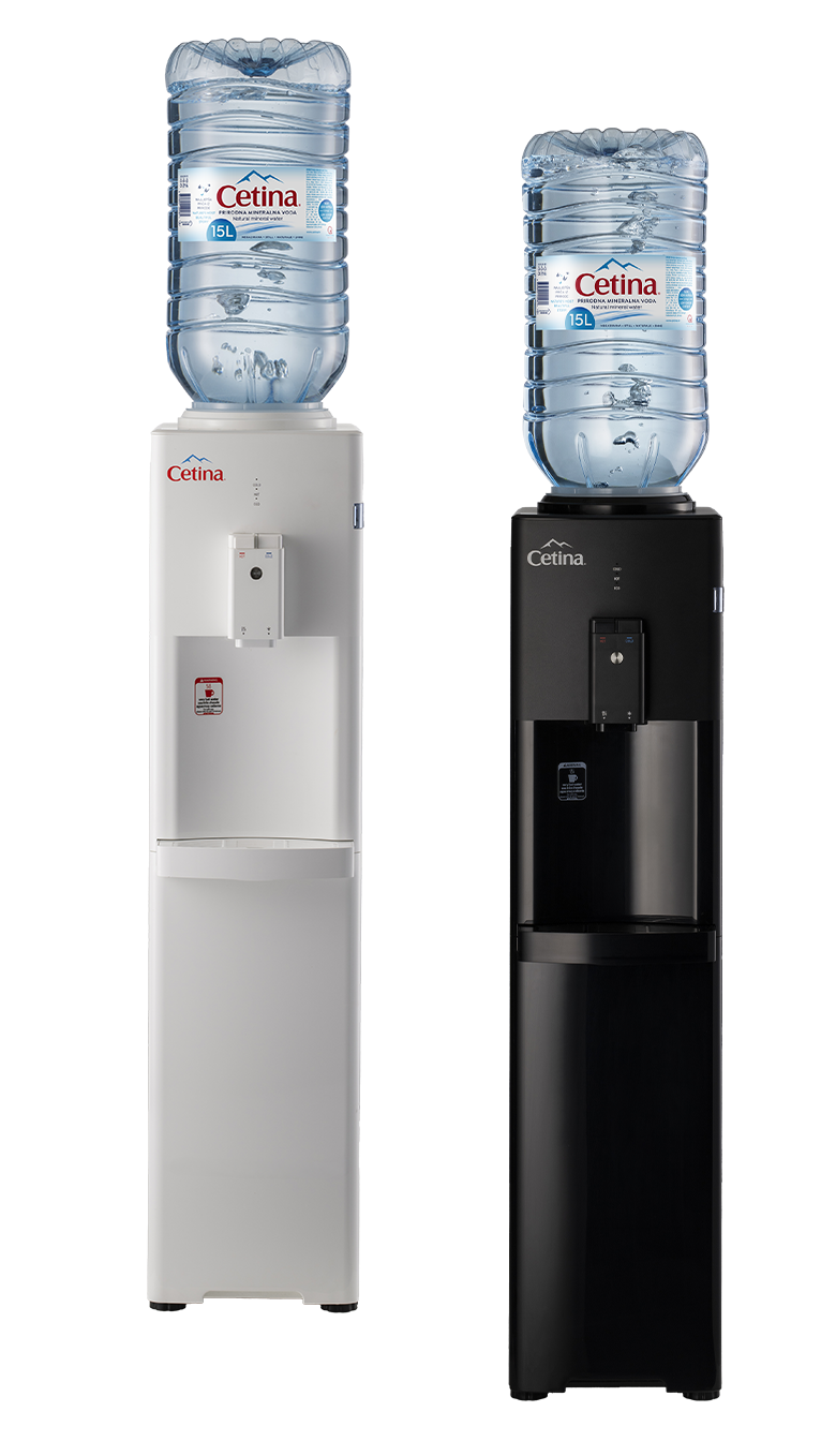 Two freestanding water coolers with large blue Cetina bottles on top, white on the left and black on the right.