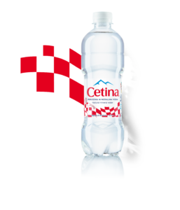 Bottle of Cetina natural mineral water with a red-and-white checkered background design.