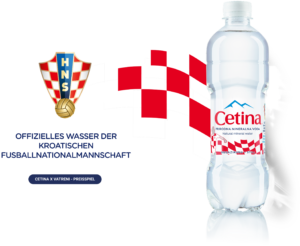 HNS crest with red‑white checkered flag beside a Cetina mineral water bottle.