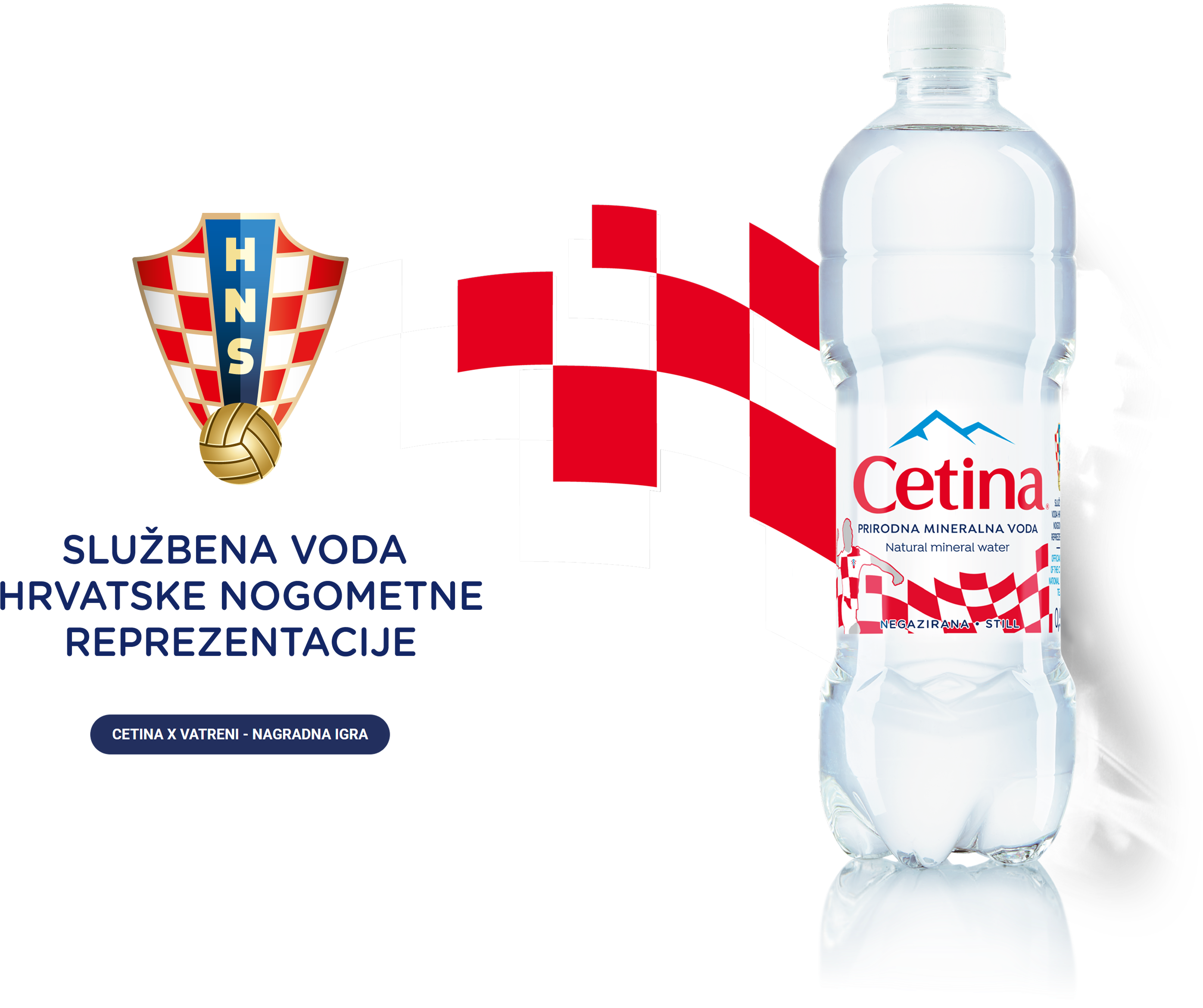 Official Cetina water bottle beside Croatian national football team crest and checkered flag.