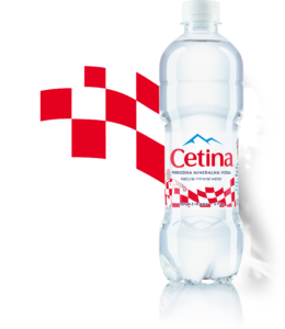 Cetina natural mineral water bottle with red-and-white checkered background, front label visible.
