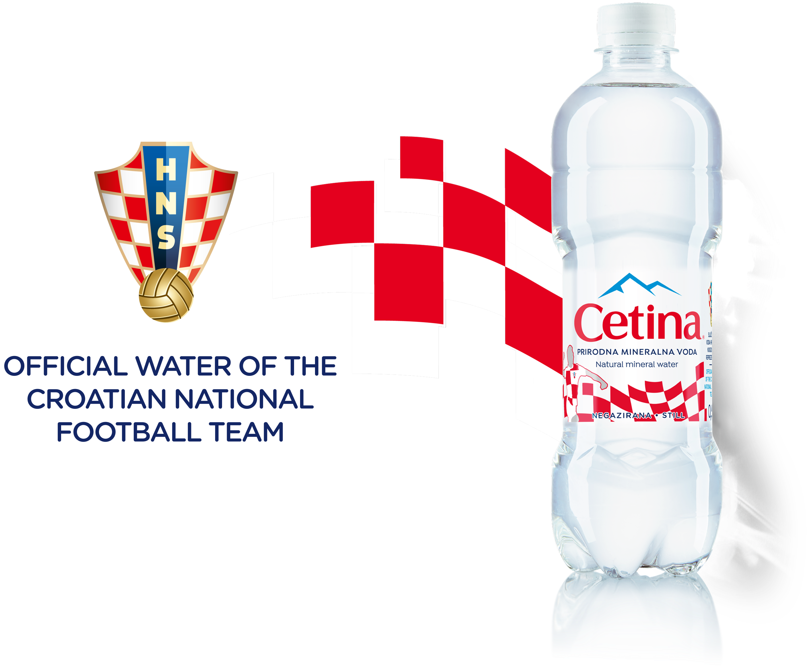 Official Croatian national football team water bottle beside the HNS crest and red-white checkerboard flag(s).