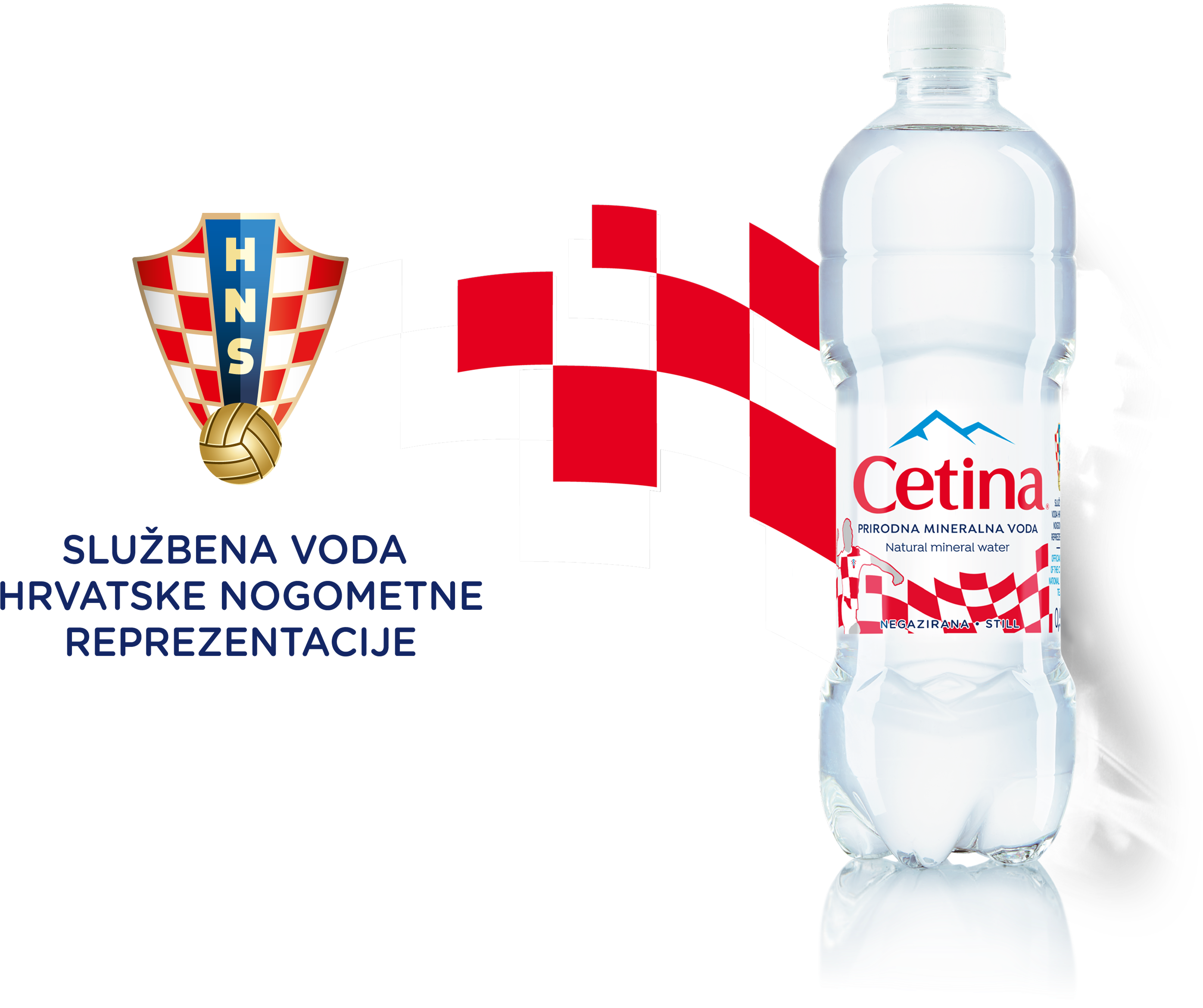 Official water of the Croatian national football team, shown with a Cetina bottle and team crest logo.